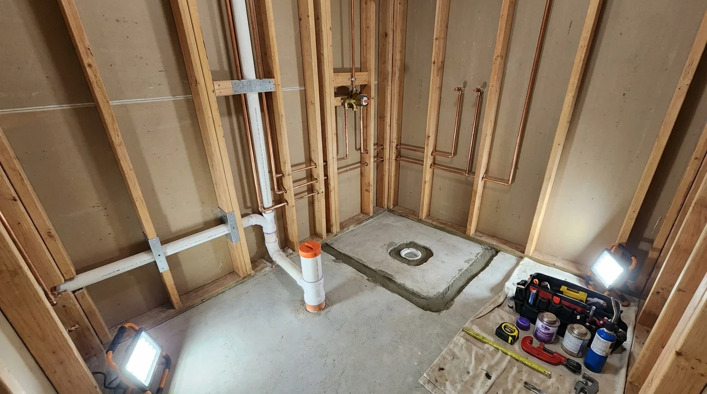 Bathroom rough-in plumbing during remodel by Johns Plumbing LLC in Alturas