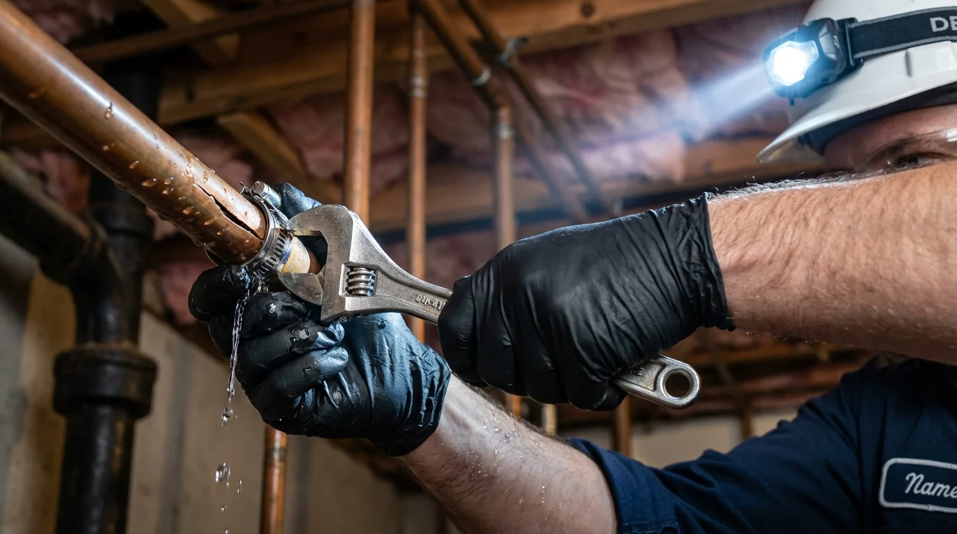 Emergency pipe clamp repair being performed by a Johns Plumbing LLC plumber in Alturas